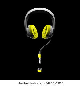headphones on a black background with yellow elements