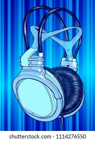 Headphones on a cold striped blue texture. Aatmosphere of music, disco, concert & fun pastime. Vector illustration for an advertising poster or flyer.