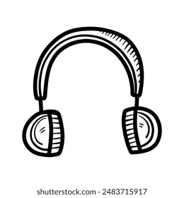 Headphones on the head drawing in linear style