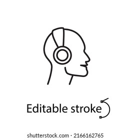 Headphones on man head outline icon. Music listening. Customizable linear contour symbol. Editable stroke. Isolated vector stock illustration