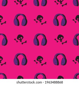 Headphones on pink background seamless pattern. Vector illustration.