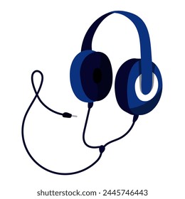 Los auriculares en el cable son Grandes. Auriculares con cable, auriculares con cable y enchufe, Ilustración vectorial en un estilo plano, aislado sobre un fondo blanco. Estilo de Imagen plana de auriculares con cable azul