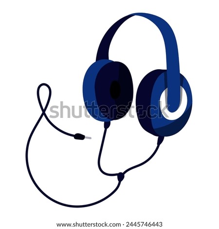 The headphones on the wire are large. Wired headphones, headphones with a cord and plug, vector illustration in a flat style, isolated on a white background. Flat Image Style of Blue wired Headphones