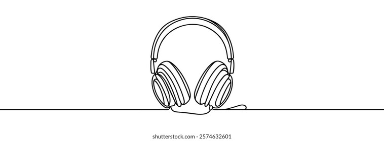  Headphones one continuous line drawing.Headset for listening to music line art . Earphones with a cable. Over Ear wired stereo headphones for podcast vector one line drawing.