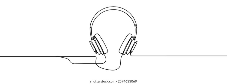  Headphones one continuous line drawing.Headset for listening to music line art . Earphones with a cable. Over Ear wired stereo headphones for podcast vector one line drawing.