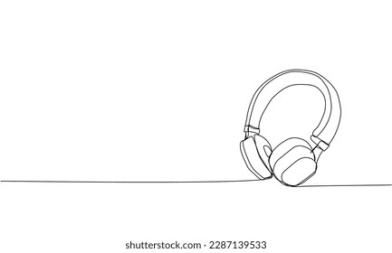 Headphones one line art. Continuous line drawing of music, headphone, headset, portable, earphones, sound, audio, hear, dj, listen, listening, ear, electronic, mobile, relax, radio