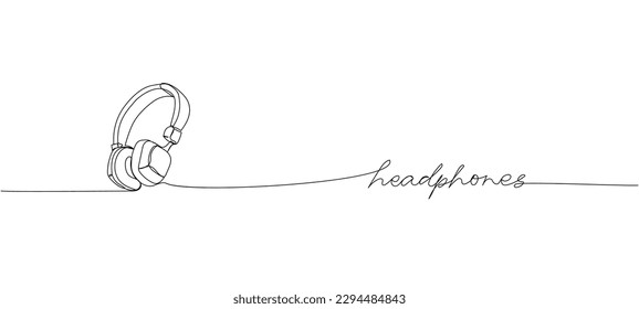 Headphones one line art. Continuous line drawing of music, headset, portable, audio, hear, dj, listen, listening, ear, electronic, mobile, radio with an inscription, lettering, handwritten.