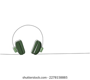 Headphones one line color art. Continuous line drawing of music, headphone, headset, portable, earphones, sound, audio, hear, dj, listen, listening, ear, electronic, mobile, relax, radio