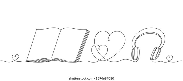 Headphones and an open book with a heart, a continuous linear pattern. Musical instrument for listening music and a educational subject for reading