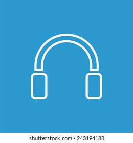 headphones outline icon, isolated, white on the blue background. Exclusive Symbols 