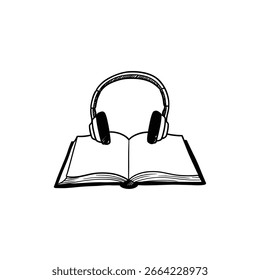 Auriculares sobre libro abierto para estudio y Imagen de aprendizaje de audio