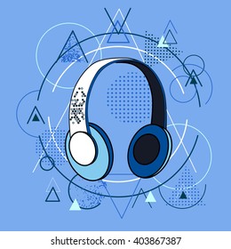 Headphones Over Triangle Geometric Background Flat Vector Illustration