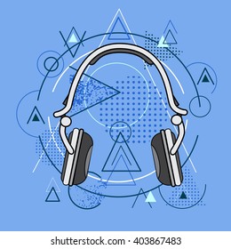Headphones Over Triangle Geometric Background Flat Vector Illustration