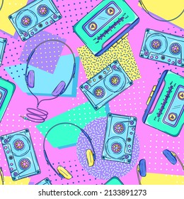 Headphones pattern 90s illustration. Retro headphones for personal cassette player, radio or boombox. 90s style vector. 1990s technology. Nostalgia for the 90s.