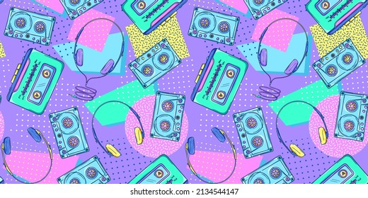 Headphones pattern 90s illustration. Retro headphones for personal cassette player, radio or boombox. 90s style vector. 1990s technology. Nostalgia for the 90s.