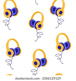 Patrón de auriculares. Fondo de música sin fisuras. Auriculares modernos para escuchar música. Grabación y escucha de podcast, difusión, radio en línea, servicio de transmisión de audio. Ilustraciones vectoriales