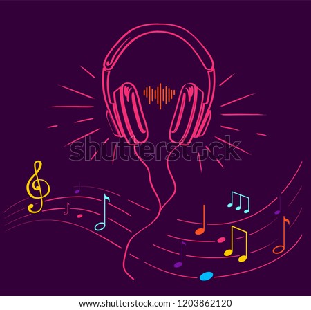 Headphones performing loud sounds vector doodles in flat style. Headset hand drawn musical earphones with melody. Music poster with treble clef, notes set