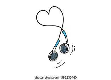 headphones from the phone or player. hand drawing. heart of the wires.