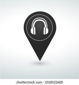 headphones pin. Map pin icon.