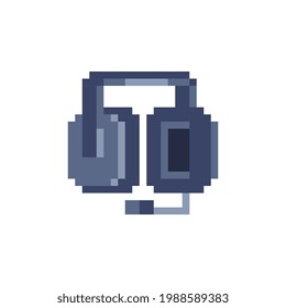 Headphones pixel art icon. Online assistant, client support manager. Headphone with microphone isolated vector illustration. Design for stickers, logo, app. 