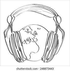 Headphones and the planet. Vector abstract background.