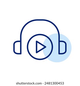 Auriculares y Botón de reproducción. Control de reproducción de audio. Icono de trazo perfecto y editable