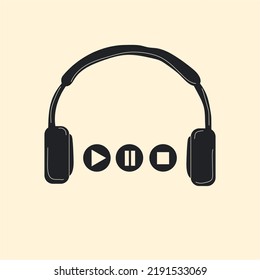 Auriculares. Reproducir, detener, pausar botones. Grabación y escucha de podcast, Medios sociales, concepto de audiolibro. Ilustración de vectores dibujada a mano. Plantilla de cartel o impresión 