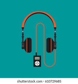 Headphones with player on background vector concept. Headset illustration in modern flat style. Color picture for design web site, web banner, printed material. Dj headphones icon. Earphones vector.