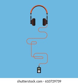 Headphones with player on background vector concept. Headset illustration in modern flat style. Color picture for design web site, web banner, printed material. Dj headphones icon. Earphones vector.