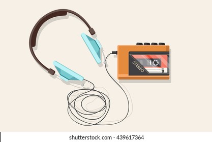 Headphones, player and retro cassette. Top view flat vector illustration.

