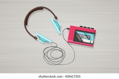 Headphones, player and retro compact cassette on wooden board. Top view flat vector illustration.
