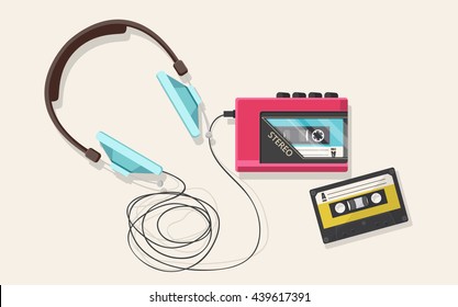 Headphones, player and retro compact cassette. Top view flat vector illustration.
