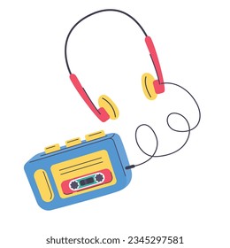 Headphones with player. Style of the 90s, 80s. Cute, flat style color illustration.