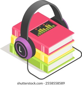 Headphones are playing an audiobook from a stack of colorful books, with a digital equalizer display showing the audio levels on the top book, representing the concept of audiobooks and learning