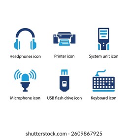 Headphones, Printer, System unit, Microphone, USB flash drive, Keyboard, Blue Icon Set