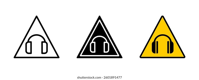 Headphones protection icon. Safety warning sign indicating required hearing protection in high-noise areas. Industrial symbol for noise hazard and workplace security compliance.
