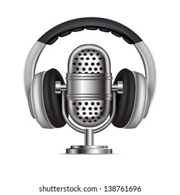 headphones and radio microphone isolated on white