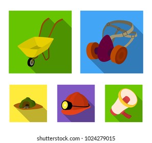 Headphones and raspirator, wheelbarrow, helmet with a lantern, the entrance to the mine.Mining industry set collection icons in flat style vector symbol stock illustration web.