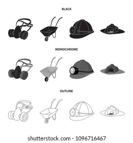 Headphones and raspirator, wheelbarrow, helmet with a lantern, the entrance to the mine.Mining industry set collection icons in black,monochrome,outline style vector symbol stock illustration web.