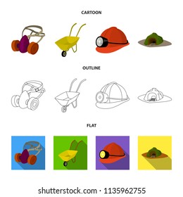 Headphones and raspirator, wheelbarrow, helmet with a lantern, the entrance to the mine.Mining industry set collection icons in cartoon,outline,flat style vector symbol stock illustration web.