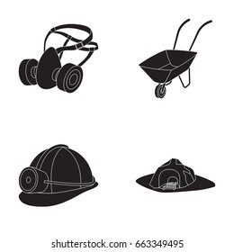 Headphones and raspirator, wheelbarrow, helmet with a lantern, the entrance to the mine.Mining industry set collection icons in black style vector symbol stock illustration web.