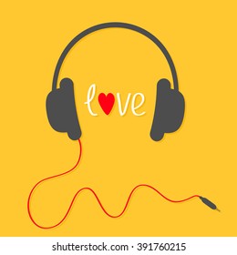 Headphones with red cord. Love card. White text and heart. Yellow background. Vector illustration