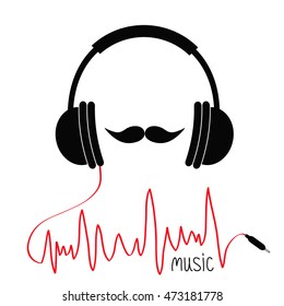 Headphones with red cord. Moustaches Music card. Flat design icon White background Isolated Vector illustration