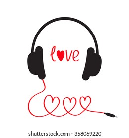 Headphones and red cord in shape of three hearts. Word love. White background. Isolated. Flat design. Vector illustration.