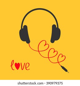 Headphones and red cord in shape of three hearts diagonal. Word love. Flat design icon. Yellow background Vector illustration