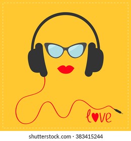 Headphones with red cord. Sunglasses and lips Love Music card. Flat design icon. Yellow background. Vector illustration