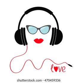 Headphones with red cord. Sunglasses and lips Love Music card. Flat design icon. White background Isolated Vector illustration