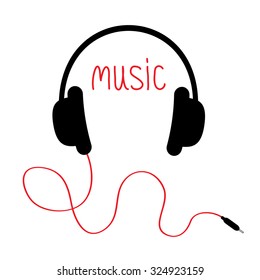 Headphones with red cord and word Music. Card. Flat design. White background. Vector illustration.