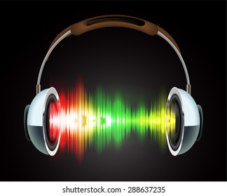 Headphones with red green yellow sound waves. Illustration on black background. headset