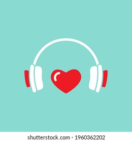 headphones with red heart icon. Flat vector earphones isolated on blue. Listen favorite misic, podcast sign. Love song, romantic radio logo. 